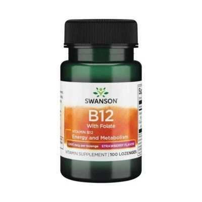 Swanson Vitamina B12 1000 mcg + Folato, Sabor Fresa, 100 Pastillas
