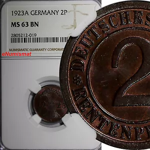 Germany,Weimar Republic 1923-A 2 Rentenpfennig NGC MS63 BN KM# 31 (019) - Picture 1 of 4