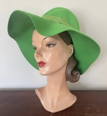Late 1960s / 1970s LIME GREEN Wide Brim Fedora IMAGNINl MOD Boho Festival Hat - Image 1 of 4