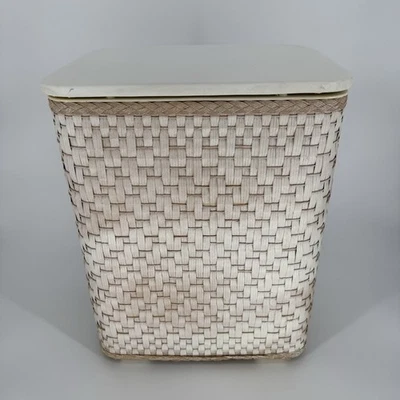 Vintage Redmon Wood Wicker Laundry Hamper Ivory Beige Woven Clothes Bin Storage - Image 1 of 4