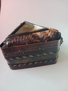 Woven Basket With Metal Accents And Lid With Latch Nailed Slats 7x6.5 Approx - Picture 1 of 11