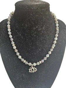 Beaded Necklace With Lotus Flower Charm 16" - Picture 1 of 6
