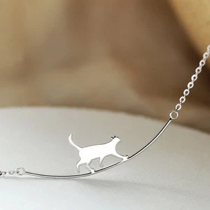 Kätzchen niedlich gehende Katze Kätzchen Halskette Anhänger Schmuck Silber Temperament - Bild 1 von 24