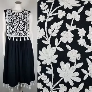 Anthropologie Carolina K. Black White Embroidery Tassle Fringe Midi Dress Size M - Bild 1 von 12