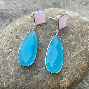 925 Sterling Silver Pink And Blue Chalcedony Gemstone Dangle Dainty Earring - Picture 1 of 6