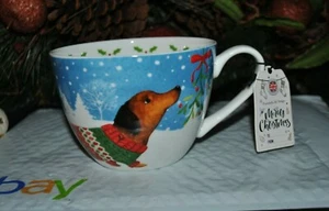 NEW  PORTOBELLO BY DESIGN Christmas Mug Dressed DACHSHUND Sweater Snow Porcelain - Picture 1 of 4