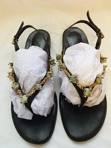 Valentino Garavani Flat Jade Stone Chain Thong Sandal Brown Leather Size 37.5 - Picture 1 of 9