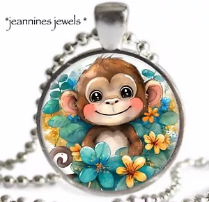 Monkey NECKLACE Watercolor Flowers Silver Charm Pendant Valentines Day Gift - Picture 1 of 13