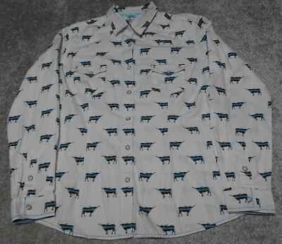 Camisa Panhandle Western Para Mujer Mediana Blanca Azul Estampado de Noveras El Toro Snap Foto 1 de 4