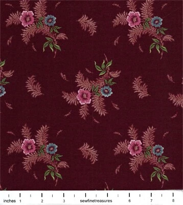 Plantación alrededor de 1800 helecho floral ramo granate Ro Gregg tela vintage 1/4 yarda Foto 1 de 4