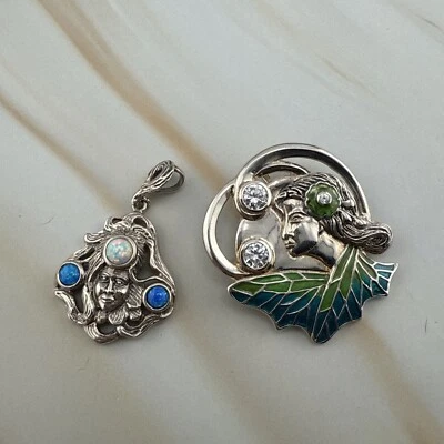 Sterling Silver ART NOUVEAU STYLE Brooch & Pendant Lot Opal Enamel Woman Figure Foto 1 de 4