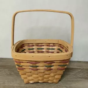 Shaker Square Medium Wood Woven Gathering Basket w/ Swivel Handle Green/Red - Picture 1 of 6