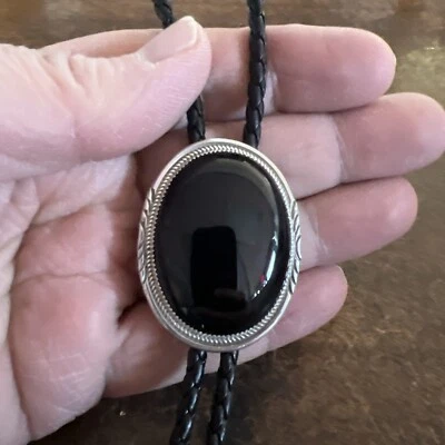 Native American Navajo Bolo Tie Large Black Onyx  Native American Ties Zuni #F - Image 1 of 4
