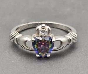 Sterling Silber Claddagh Ring Größe 6 herzförmiger mystischer Topas & CZ Akzent - Bild 1 von 10