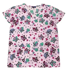 Womens Fashion Medical Nursing Scrub Tops Pink Prickly Owls Hot Pink Bungee L - Picture 1 of 2