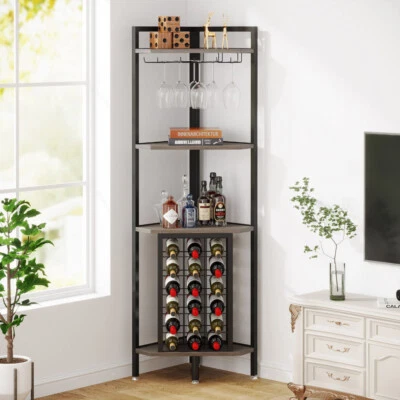 Industrial Storage Shelves Bar Wine Cabinet Corner Wine Rack with Glass Holder - Image 1 of 4