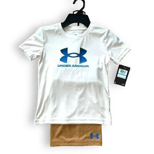 Under Amour Boys Short Shirt Set 2-Piece Set Casual Nubuck Tan White Size 5 NWT - Picture 1 of 9