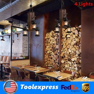 4-Light Retro Wood Chandelier Iron Ceiling Lamp Industrial Rustic Pendant Light - Picture 1 of 12