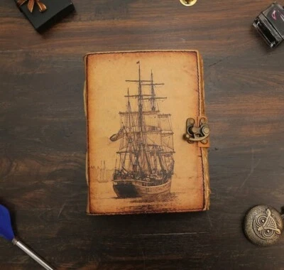 Sailing Ship Handmade Vintage Leather Journal Blank Spell Grimoir Book Of Shadow - Image 1 of 4