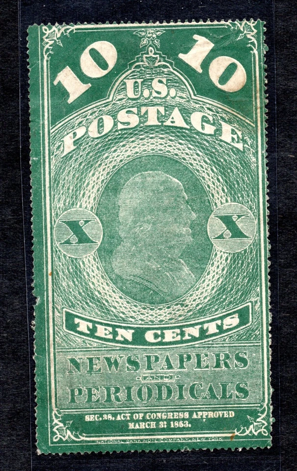 US 1865 NEWSPAPER STAMP SCOTT #PR2 BEN FRANKLIN BY THE NATIONAL BANK NOTE CO. - Image 1 of 2