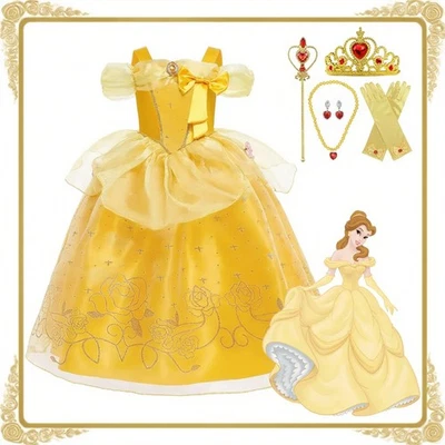 Girls Princess Belle Costume Fancy Dress Up Party Gown Outfit Kids Birthday Gift - Image 1 of 4