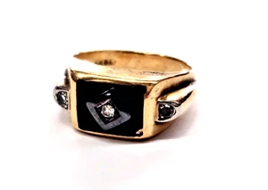 Vintage 14K Gelbgold schwarzer Onyx & Diamant Ring von B & F - Größe 8 (8,9 Gramm) - Bild 1 von 8