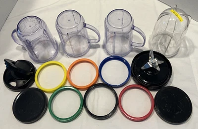 Magic Bullet Replacement 4 cups, rings, 2 Lids, 1 Sip Spout, Blender Knife - Image 1 of 4