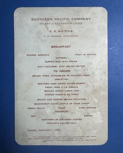 RARE 1915 S.S. Momus Southern Pacific Co. Menu - Atlantic Steamship Lines - Picture 1 of 2