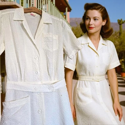 Vestido Uniforme Wayne Maids Blanco Seersucker Años 40 De Colección Cinturón Botón Delantero 40 Foto 1 de 4