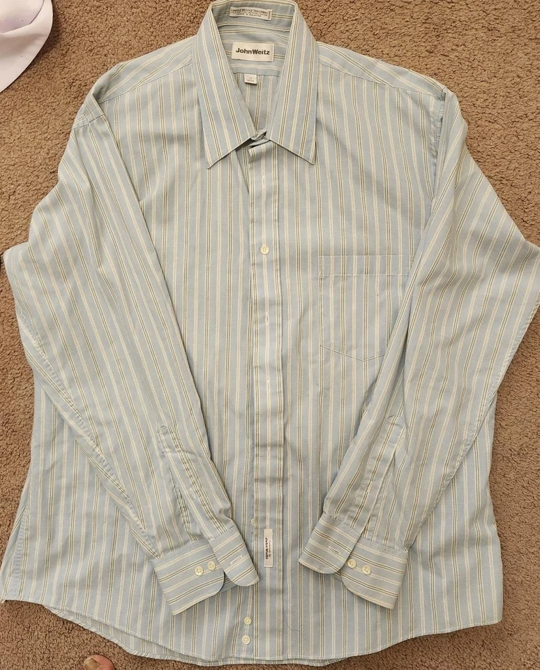 John Weitz-Button Down Shirt Mens 17(34/35)Blue-White Striped-Left Breast Pocket — 第 1/1 张图片