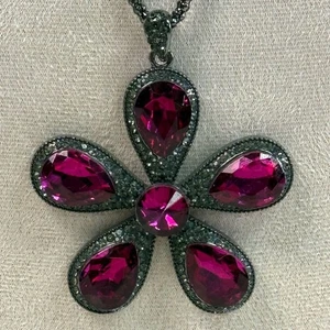 Betsey Johnson Gothic Gunmetal & Pink Heavy Flower Pendant Long Necklace - Picture 1 of 5