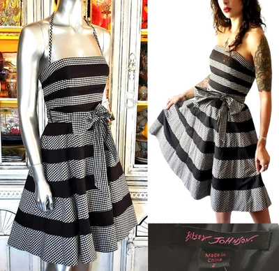 Betsey Johnson Vintage Y2K Black Gingham Plaid Tea Party Coquette Dress S 2 - Image 1 of 4