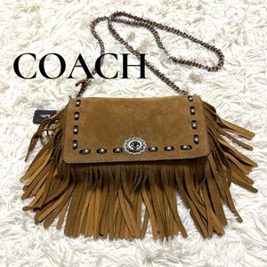 Coach 86821 Fringe Chain Shoulder Bag Oak Brown Suede Leather Authentic Women's - Picture 1 of 24