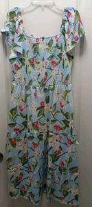 Denim&Co Heritage Small Petite Smocked Top Midi Dress Light Blue Cherries/Floral - Picture 1 of 7