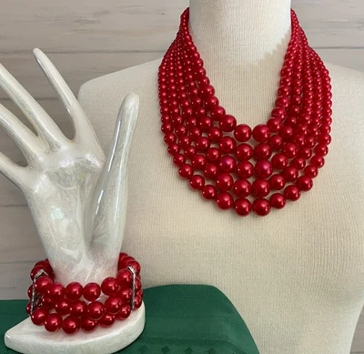 Multi Strand Layered Cherry Red Faux Pearl Beaded Necklace & Bracelet Set Chunky - Image 1 of 4