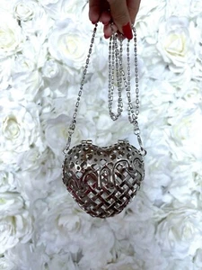 ✨ NEW SILVER HEART CROSSBODY CHAIN BAG MINI SOLID HEAVY METAL BASKET WEAVE DRIP✨ - Picture 1 of 5