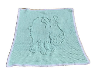 Hand Made Baby Blanket Bobble Crochet Knitted Green Hippo Afghan Throw