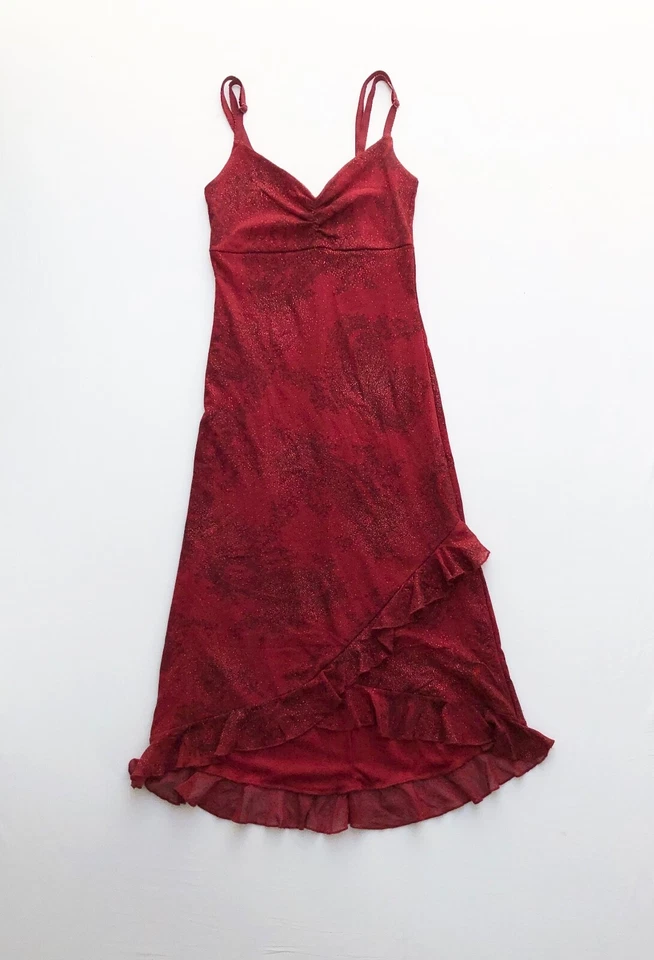 Y2K начале 2000-х Slinky чистый красный блестящий оборки спагетти ремень Кокетливое платье S - Изображение 1 из 4