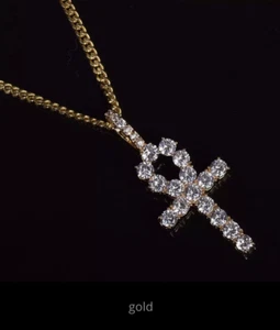 Men's Jewelry Rose Gold Color Ankh Cross Pendant Cuban Link Chain Necklace 73-6 - Picture 1 of 12
