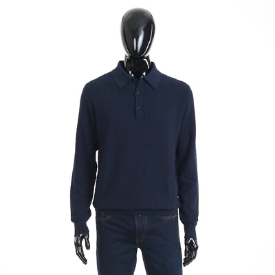 BRIONI 1395$ Navy Blue Polo Sweater - Trama Weave Cotton, Silk & Cashmere - Image 1 of 4