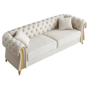 Chesterfield Modern Tufted Velvet 3 Seat Living Room Sofa w/Toss Pillows Beige - Picture 1 of 12