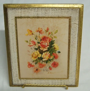Vtg Italian Wood Toleware Roses Picture Plaque Gold, White 7.5x6.25" B.Rinsfil - Picture 1 of 5