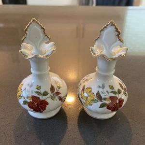 Vintage Perfume bottles Flower Pattern 5” tall with stopper Porcelain Lot Of 2SS - Picture 1 of 12