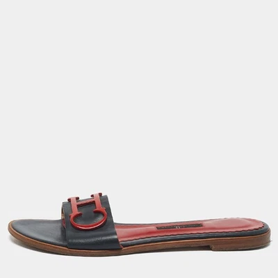 CH Carolina Herrera Navy Blue Leather Slide Sandals Size 39 - Image 1 of 4