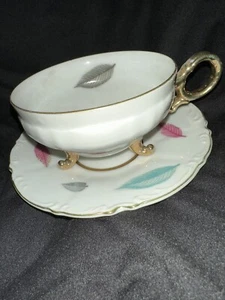 Vintage Ucagco Ceramics Footed Tea Cup & Saucer Leaves/Cream Foil Label Japan - Picture 1 of 5