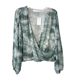 ASTR Sage Tie Dye Surplice Neck Blouse Top Womens XL Green Balloon Sleeve NEW - Picture 1 of 7