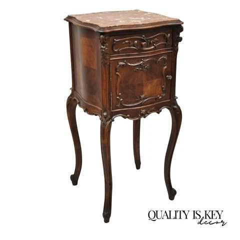 French Louis XV Style Carved Walnut Marble Top Porcelain Lined Nightstand Cover