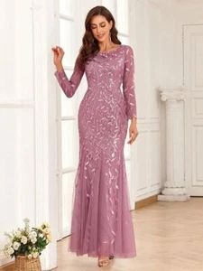 Evening Dresses O-Neck Full Sleeve Tulle Long Party Gown Elegant Formal Dress - Picture 1 of 23