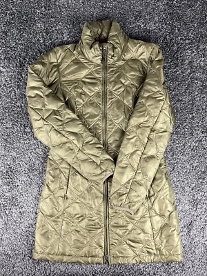 Eddie Bauer 长 Puffer 外套女式 XS 绿色金色鹅绒 EB700 夹克二手状况完好 — 第 1/4 张图片