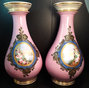 Antique Paris Hard Paste Porcelain Vases Pink Ground 13" h Perfect France Vase - Picture 1 of 14